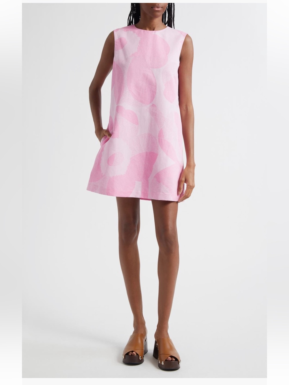 Marimekko Sopiva Unikko Dress 42 Pink Cotton Linen Floral Shift Sleeveless